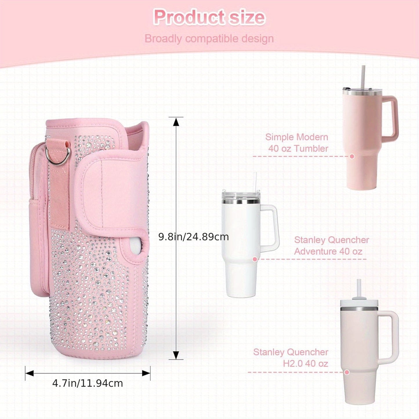Neoprene Water Bottle Carrier with Card Holder, Adjustable Strap, Key Hook for Stanley 40/30 oz Tumbler - Sparkling Diamond Design Bottle Pouch with Phone Pocket - Versatile Drink Holder Accessory