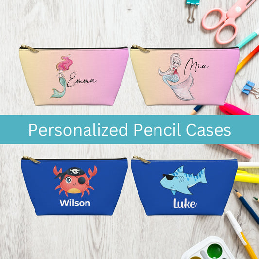Custom Name Pencil Case | Canvas Pen Bag Gifts for Kids | Children Personalized | School Supplies | London Bear, Shark, Boho Rainbow