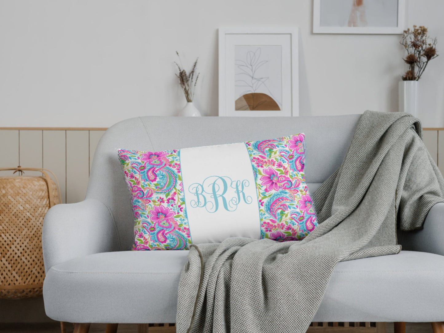 Monogram Pillow, Preppy Room Decor, Dorm Room, Palm Beach, Beach House, Decorative Pillow, Paisley Throw Pillow