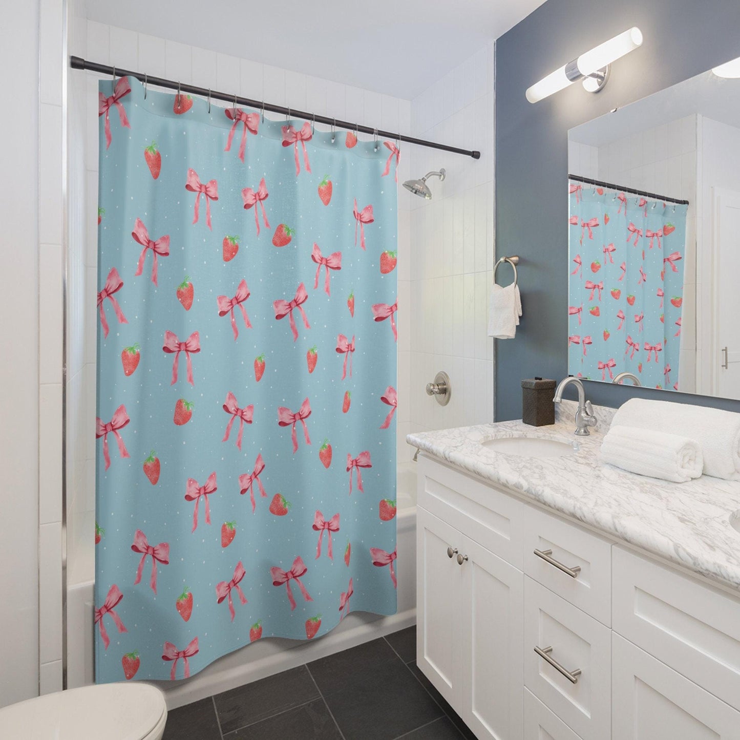 Strawberries and Bows Shower Curtain, Coquette shower curtain, Pink Shower Curtain, Pink Bow Shower Curtain