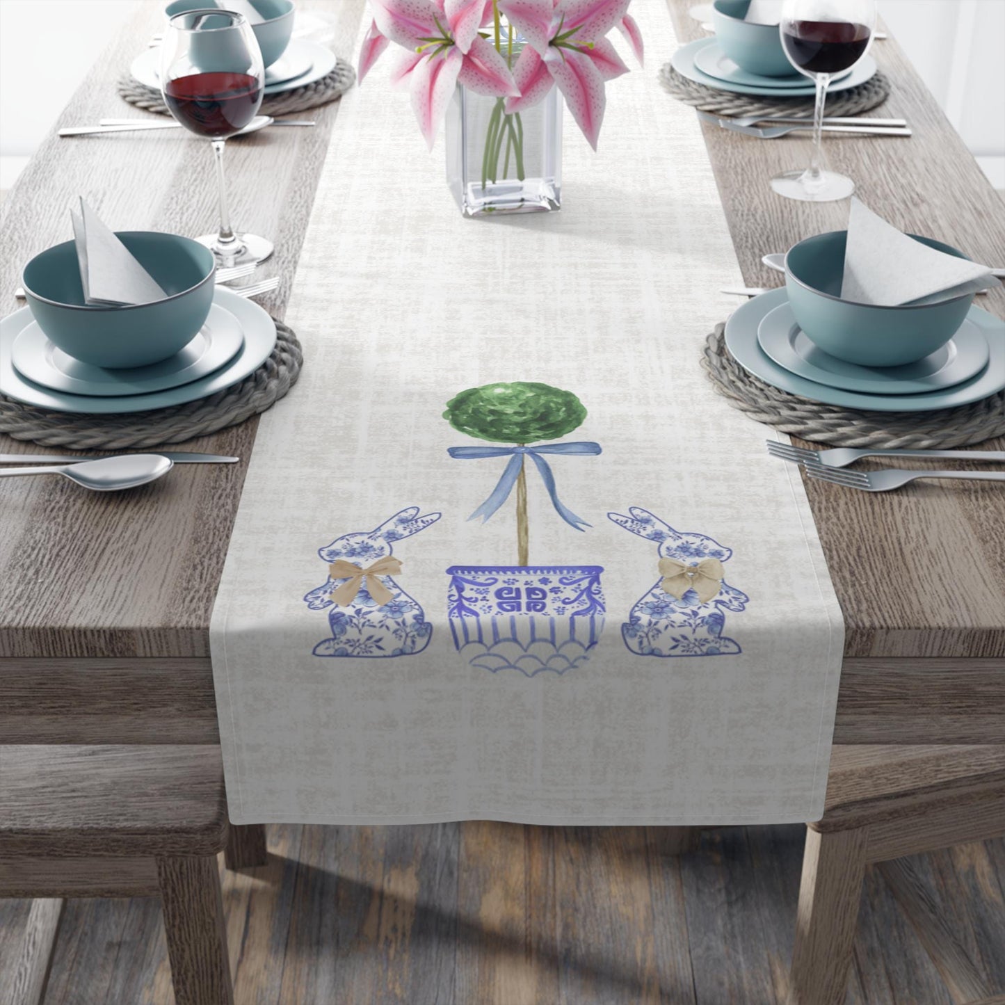 Bunny Toile Topiary Table Runner, Chinoiserie Toile de Jouy Table Runner, Easter Table Decor, French Country Table Runner, Table Decor