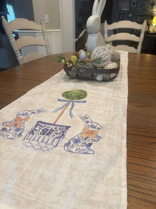 Bunny Toile Topiary Table Runner, Chinoiserie Toile de Jouy Table Runner, Easter Table Decor, French Country Table Runner, Table Decor