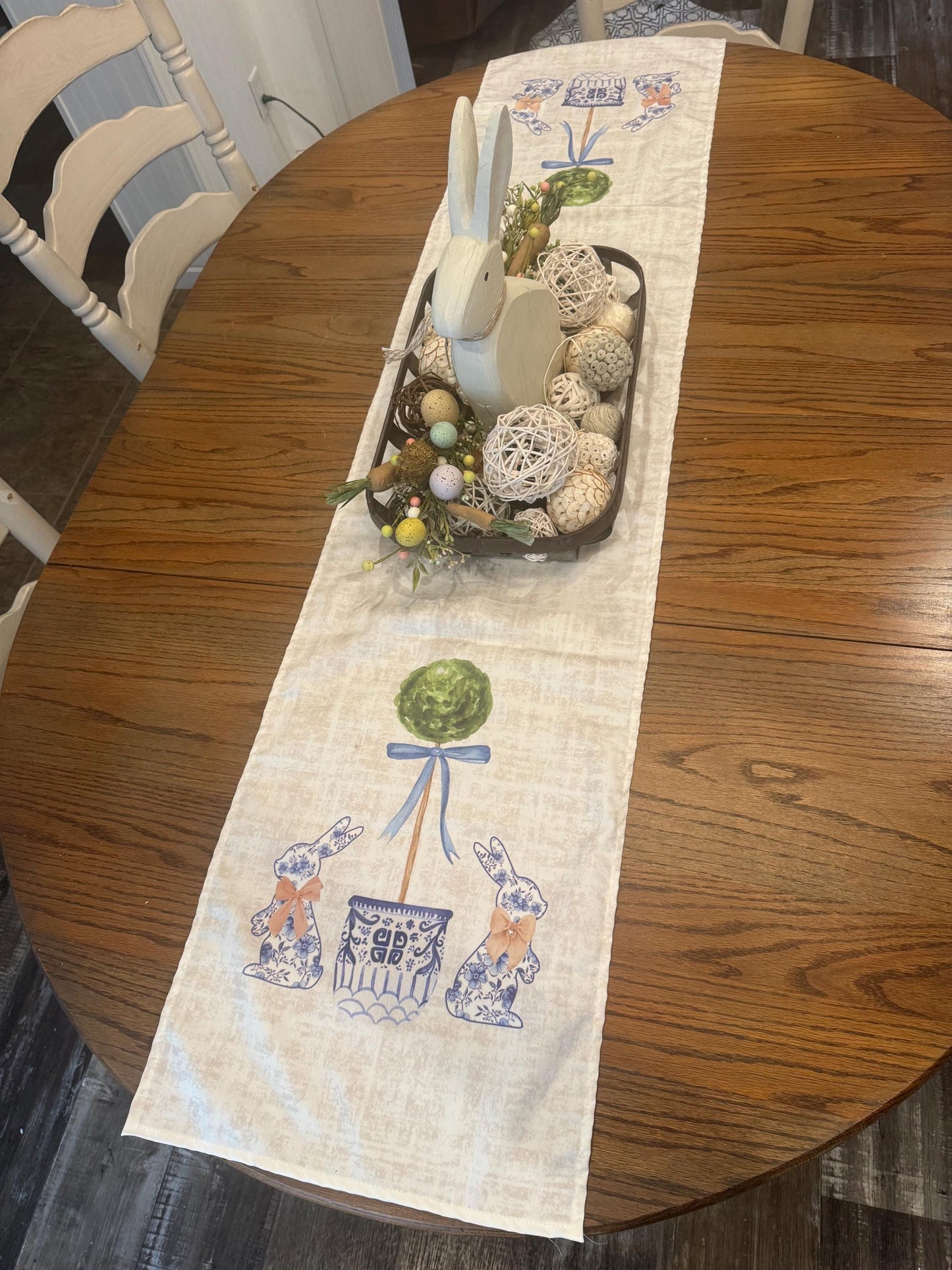 Bunny Toile Topiary Table Runner, Chinoiserie Toile de Jouy Table Runner, Easter Table Decor, French Country Table Runner, Table Decor