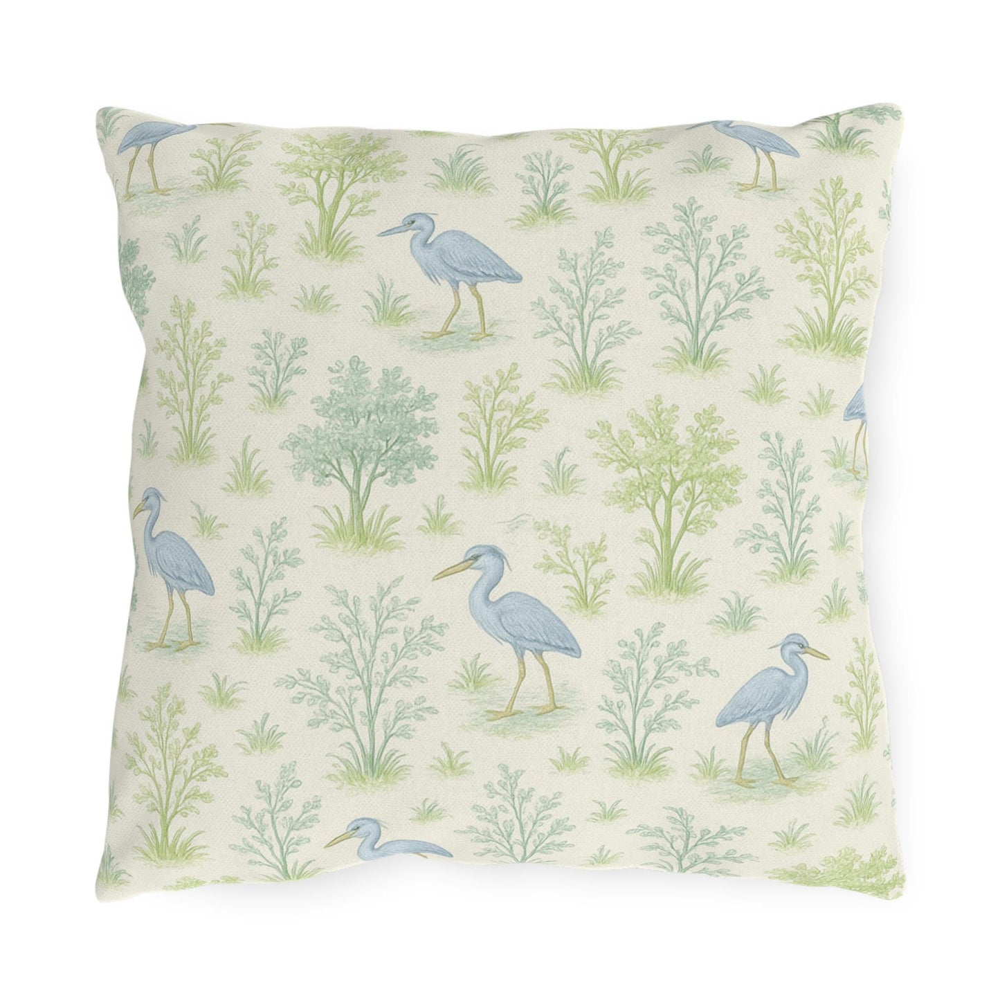 Blue Heron Outdoor Pillow Cover, Teal Green Bird Print Square Lumbar Throw Pillow, Toile Botanical Nature Decor, Birdwatcher Gift, Patio