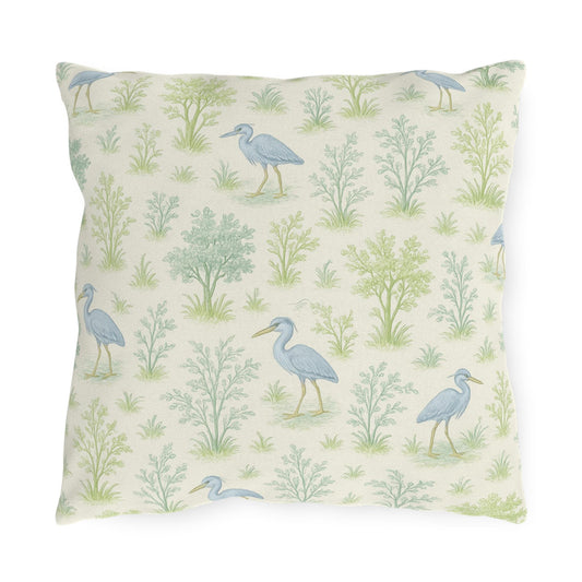 Blue Heron Outdoor Pillow Cover, Teal Green Bird Print Square Lumbar Throw Pillow, Toile Botanical Nature Decor, Birdwatcher Gift, Patio