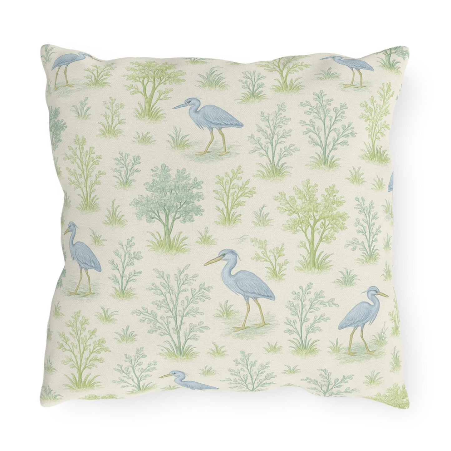 Blue Heron Outdoor Pillow Cover, Teal Green Bird Print Square Lumbar Throw Pillow, Toile Botanical Nature Decor, Birdwatcher Gift, Patio