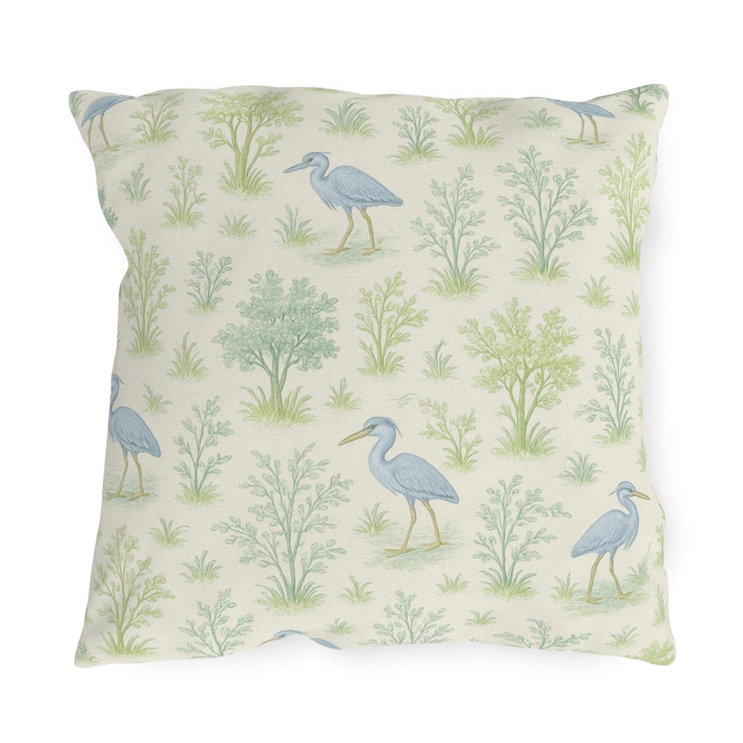 Blue Heron Outdoor Pillow Cover, Teal Green Bird Print Square Lumbar Throw Pillow, Toile Botanical Nature Decor, Birdwatcher Gift, Patio
