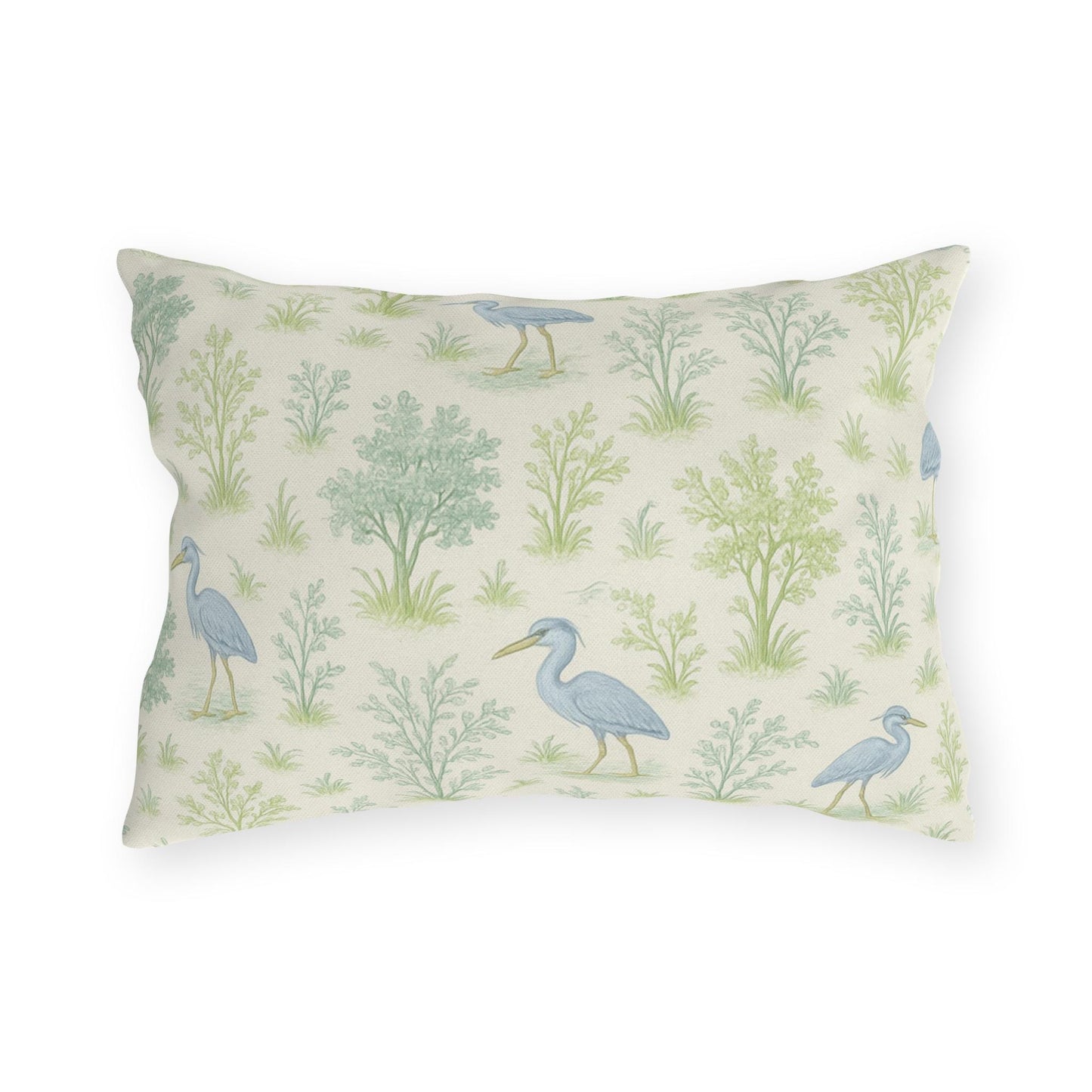 Blue Heron Outdoor Pillow Cover, Teal Green Bird Print Square Lumbar Throw Pillow, Toile Botanical Nature Decor, Birdwatcher Gift, Patio