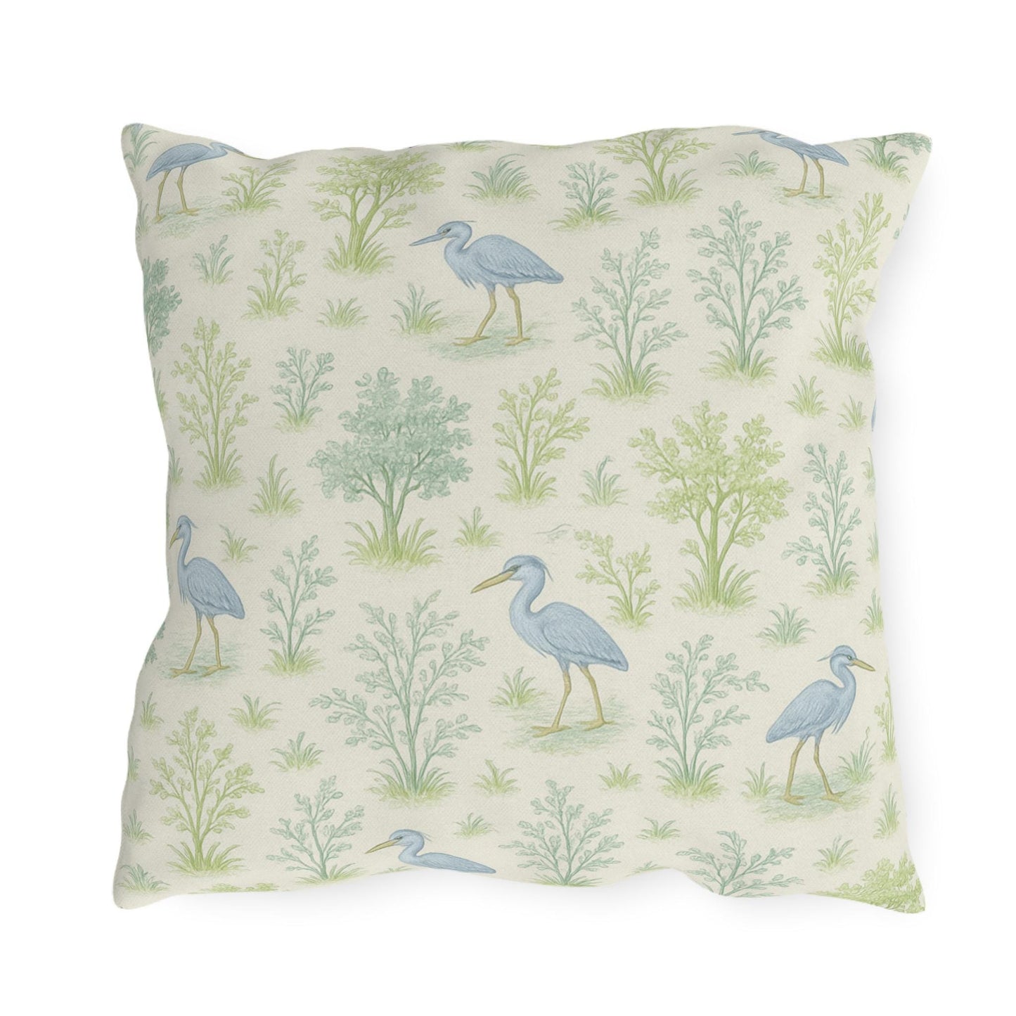 Blue Heron Outdoor Pillow Cover, Teal Green Bird Print Square Lumbar Throw Pillow, Toile Botanical Nature Decor, Birdwatcher Gift, Patio