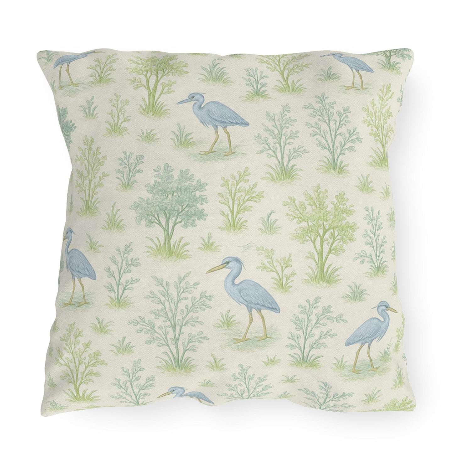 Blue Heron Outdoor Pillow Cover, Teal Green Bird Print Square Lumbar Throw Pillow, Toile Botanical Nature Decor, Birdwatcher Gift, Patio