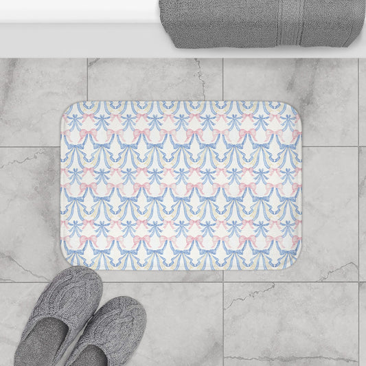 Bath Mat, Coquette Pink & Blue Bow Grandmillenial Dorm Decor, Baby Nursery Accent, Bathroom Rug, Shower Mat, Housewarming Gift