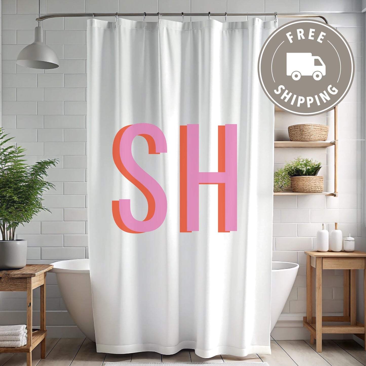 Shadow Monogram Shower Curtain, Preppy Shower Panel, Pink Shower Curtain, Dorm Decor, College Dorm, Apartment Home Decor - Stylish Bathroom